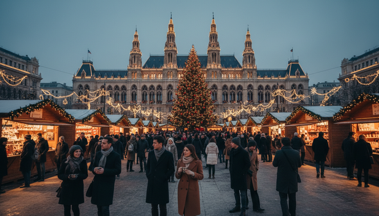 Wide-angle view of Vienna City Hall glowing behind carefully spaced Christmas market stalls.