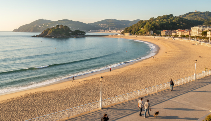 Wide-angle view of La Concha Bay in San Sebastián with soft waves, sandy beach, and green hills in the distance.