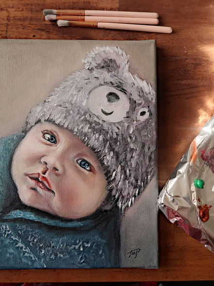 childs portrait in oil colors, baby portrait painting