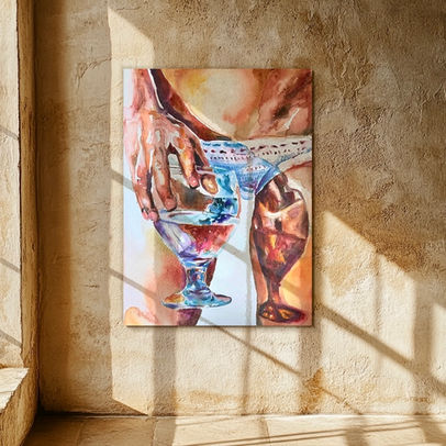 Watercolor painting "Thirst" seductive artwork in ochra colors