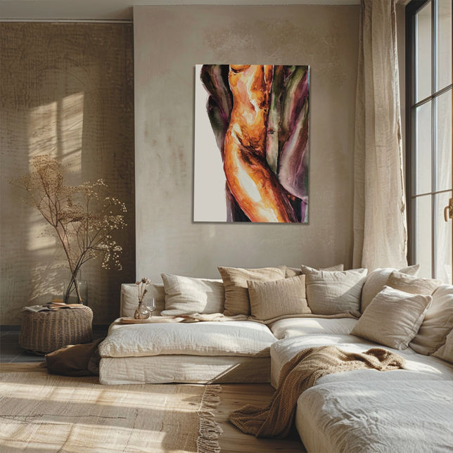 Watercolor painting "V Gosti" seductive painting in beige colors