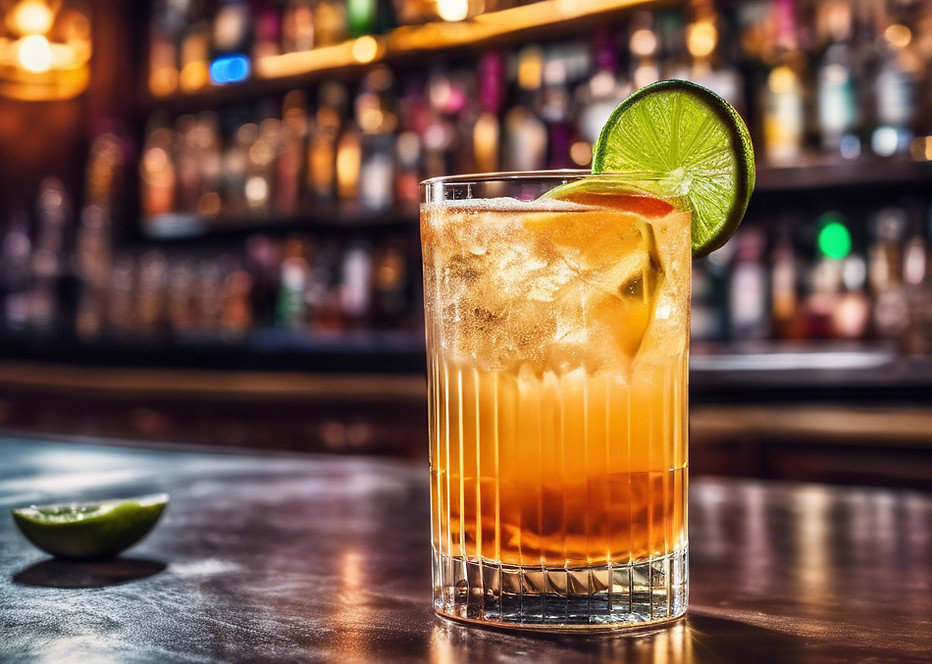 a cocktail drink with a fun bar background in a tall glass that is made with tequila and g