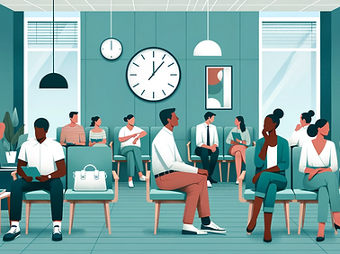 DALL·E 2023-11-03 00.59.44 - Minimalist flat illustration of a busy clinic waiting room fi