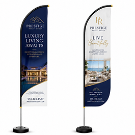 Custom flag banners printed with bold graphics for storefronts, outdoor events, promotions, and high-visibility brand displays.