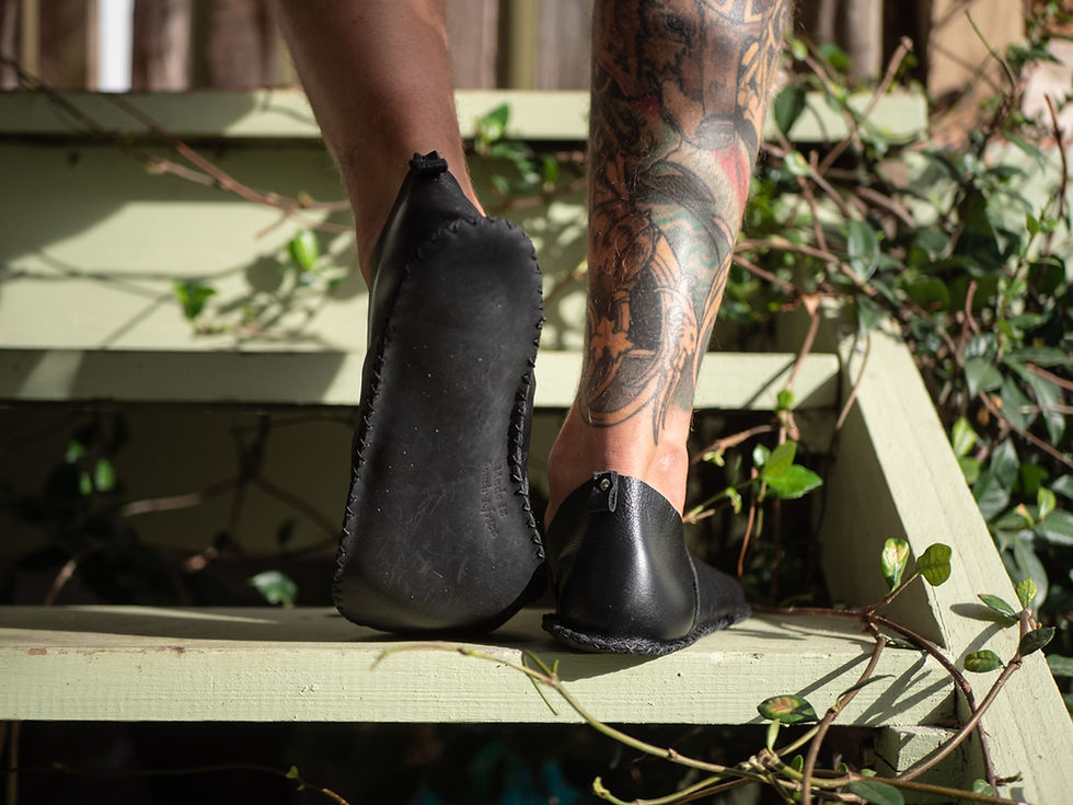 Thumbnail: Men walking in black barefoot shoes made from soft leather, with handmade details and soles designed for comfort and earthing