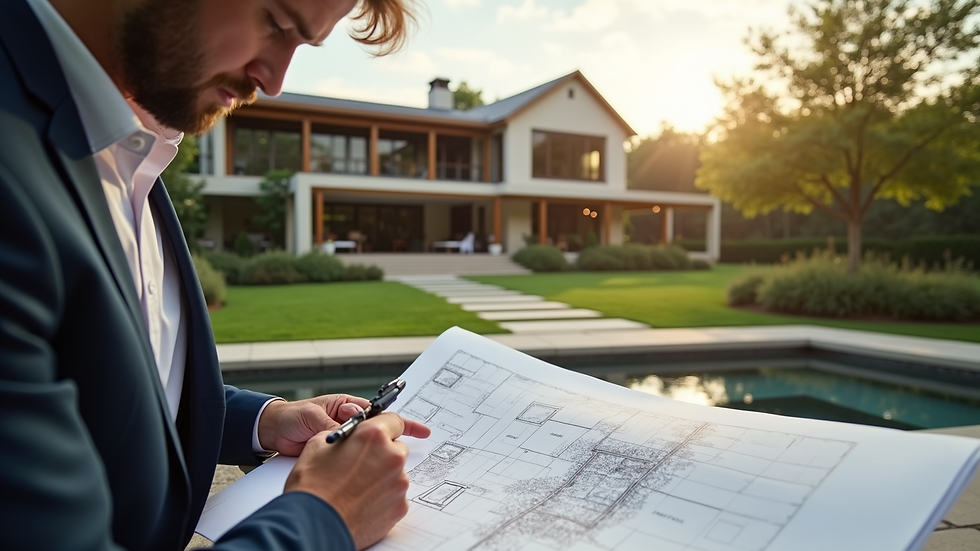 Eye-level view of a landscape architect reviewing detailed plans on a luxury estate