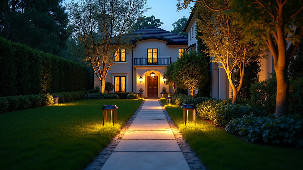 Eye-level view of a luxury estate’s manicured garden with security lighting