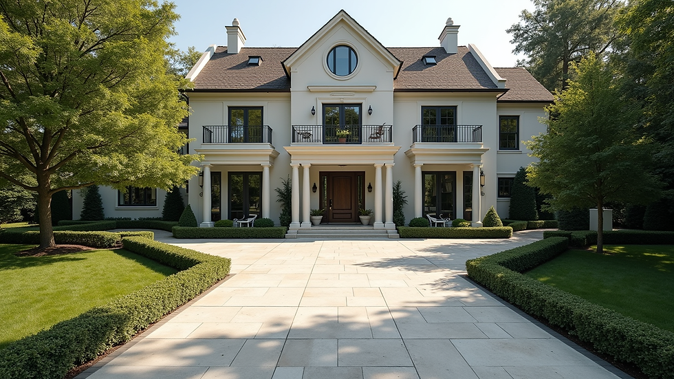 High angle view of a luxury estate’s driveway and entrance with elegant landscaping