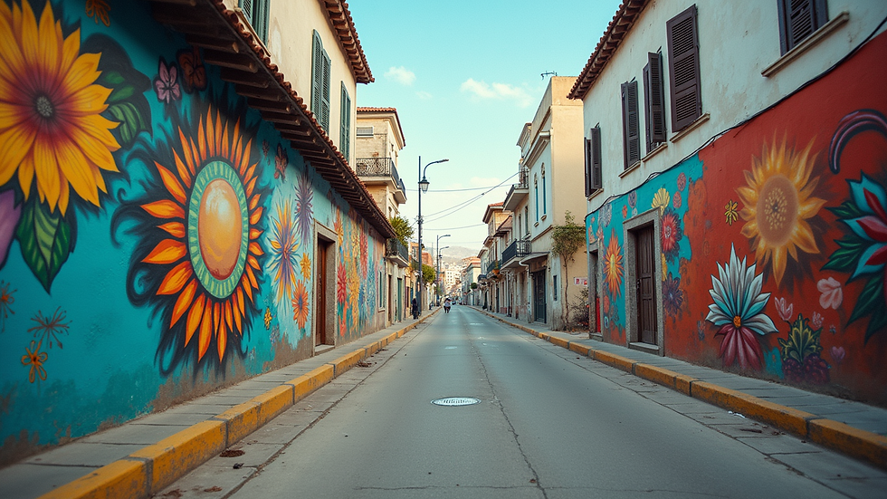 Eye-level view of a vibrant urban landscape with colorful murals