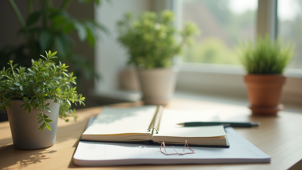 Close-up view of a serene workspace with plants and a notebook