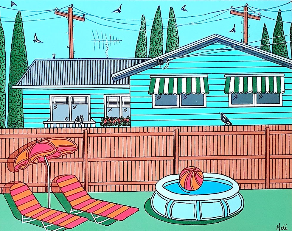 A minty green home overlooking a brown fence in to the neighbours yard with small pool and orange sun loungers and umbrella.