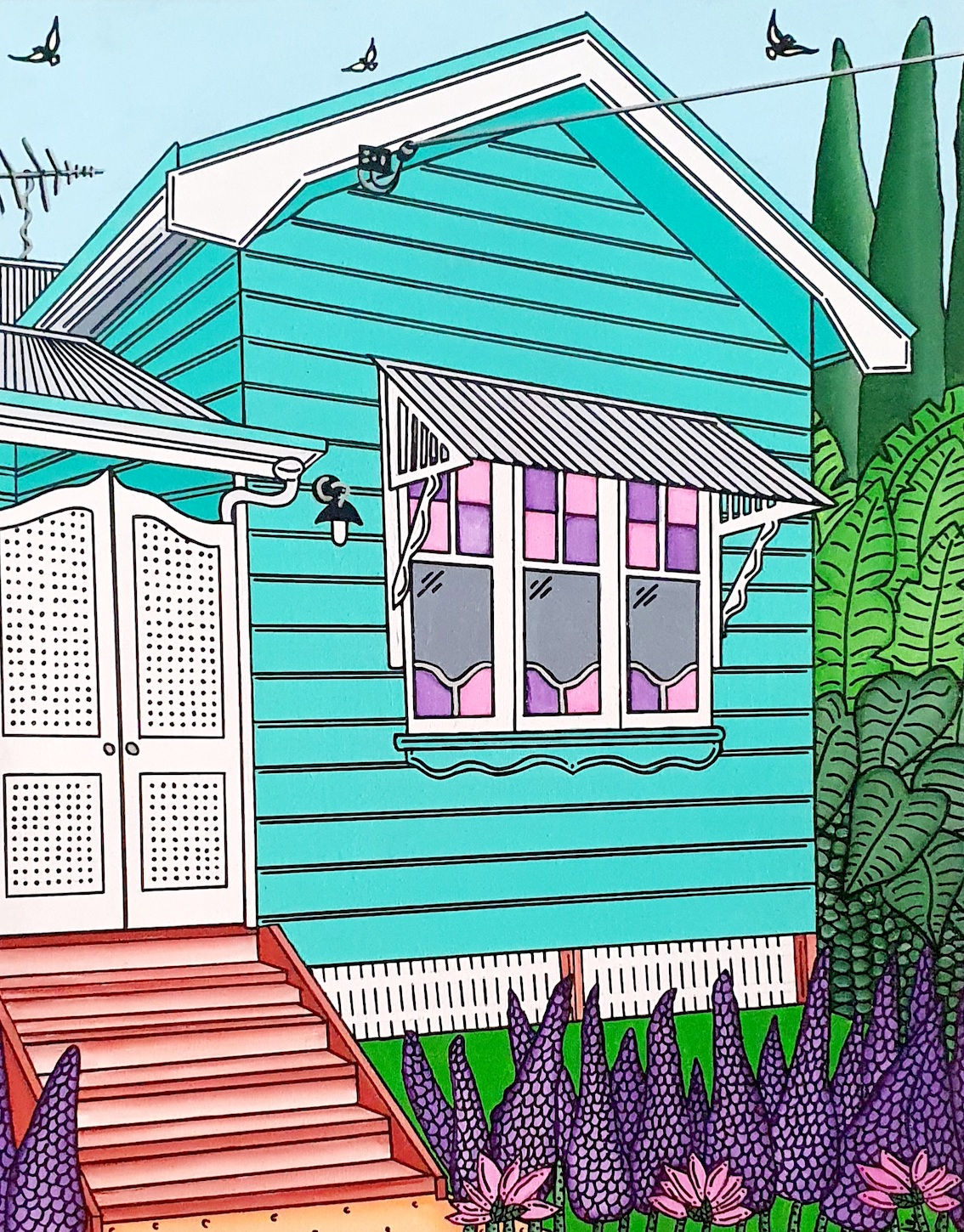A bright green section of a Queenslander home with awnings, pink and purple stained glass casement windows and pink and purple flowers at the front.