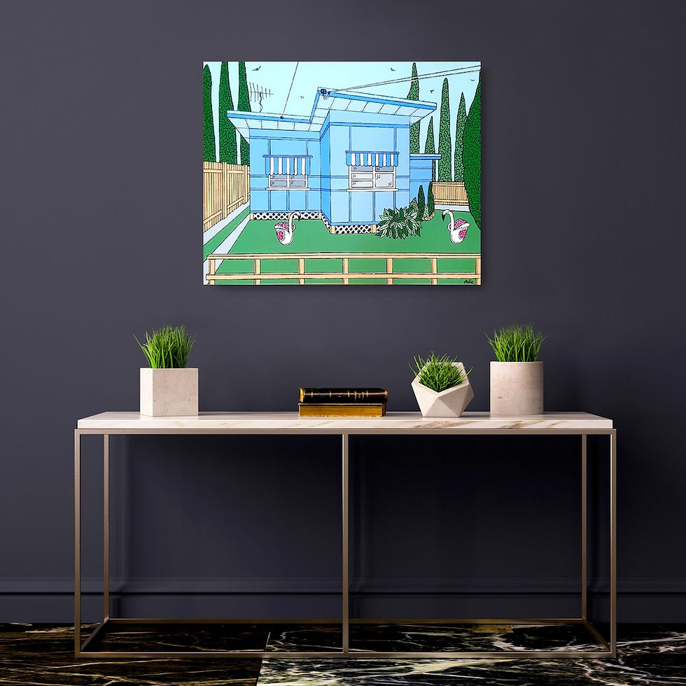 Thumbnail: A bright blue painting of an Australian beach shack with white tyre swan planters at the front and green garden hanging in a home against dark walls.