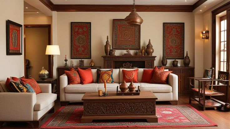 Cozy living room with beige sofas and red cushions, wooden table, intricate wall art, and warm lighting. Persian rug adds elegance.