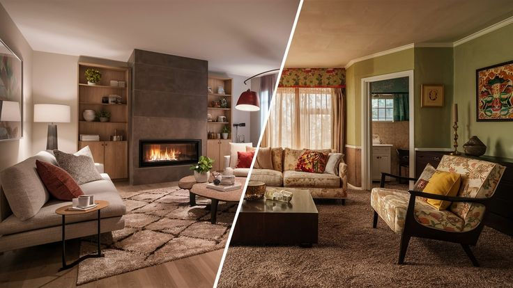 Modern and vintage living room split: left, cozy with a fireplace and neutral tones; right, retro with patterned wallpaper and green walls.