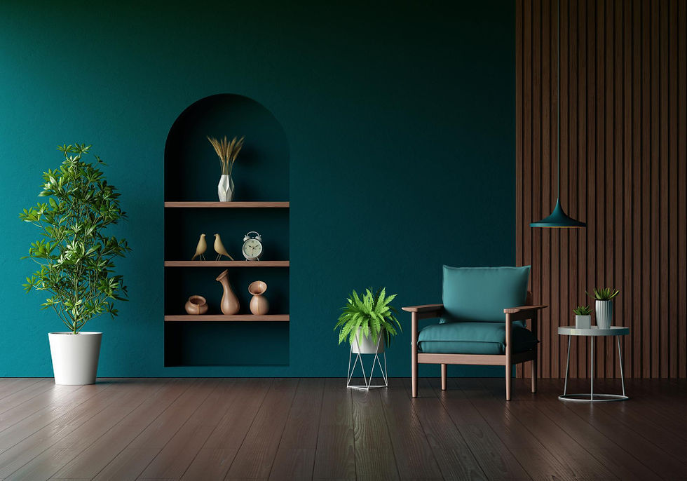 Modern living room with teal walls, a wooden chair, plants, and shelves with decor. Warm lighting and a relaxed, cozy vibe.