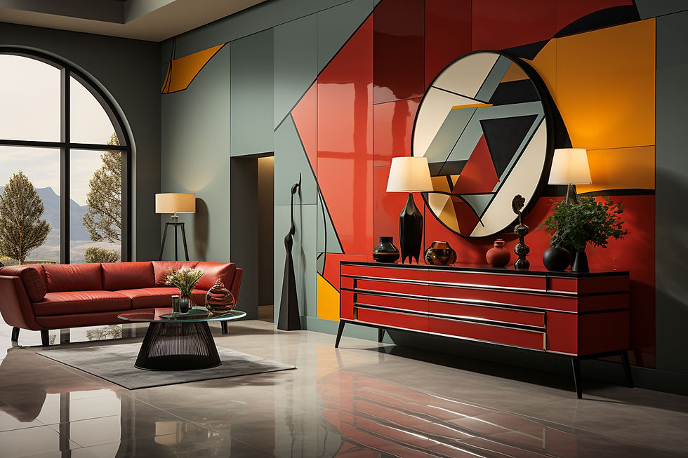 Modern room with red couch, glass coffee table, geometric wall art, and red console table. Large windows reveal mountain view.