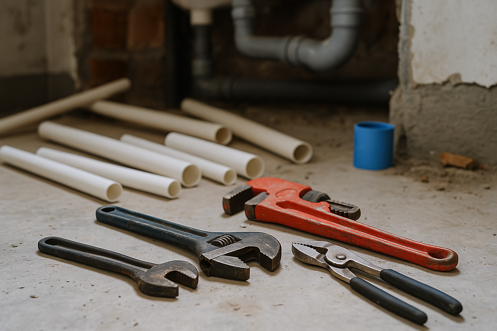 Plumbing tools and PVC pipes on a job site in Las Vegas
