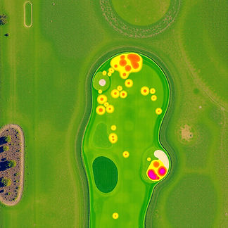 Thermal aerial image of a golf course in Central Texas showing spots in the fairway turf t
