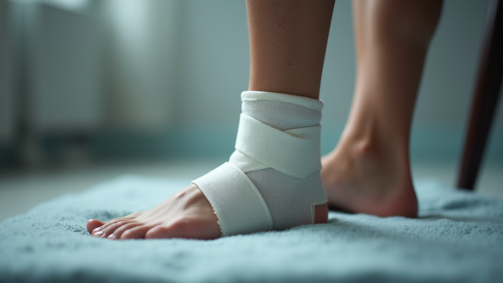 Close-up view of an ankle wrapped with an ice pack