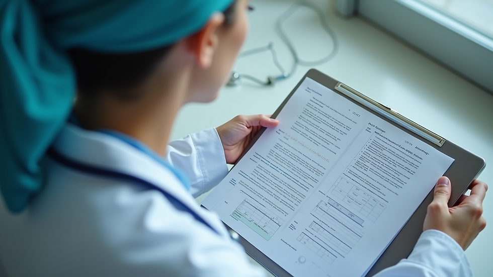 High angle view of a healthcare professional reviewing patient records