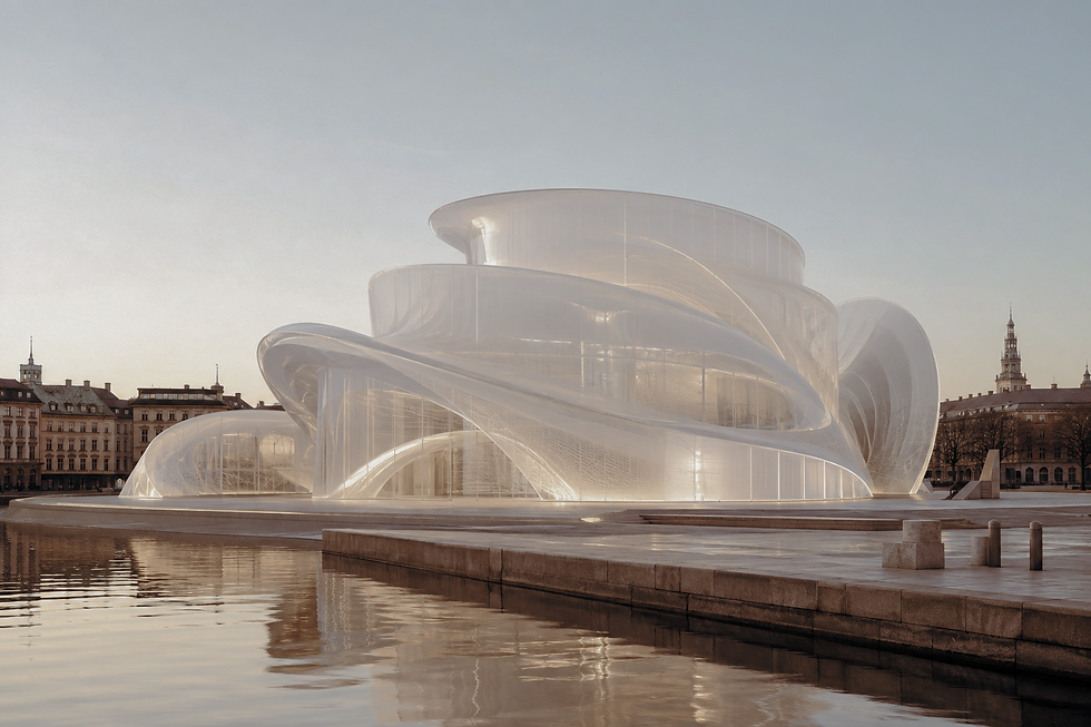 Eye-level view of modern architectural building with clean lines and natural materials