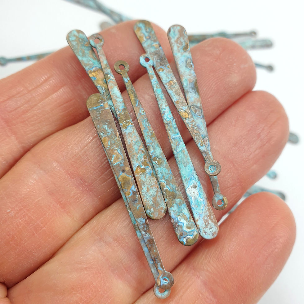 Thumbnail: 20ps Earring long stick 1 hole Brass strip Unique patina Boho findings 845A