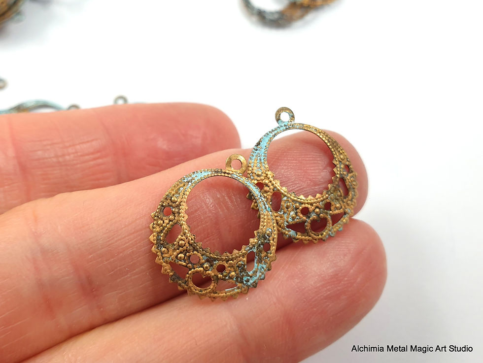 Thumbnail: 10pcs Raw brass round necklace charm Filigree brass bead 1 loop Blue patina 804