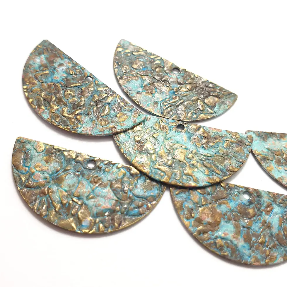 Thumbnail: 8ps Flat semi circle texture brass blank 1 hole Organic blue patina 774A