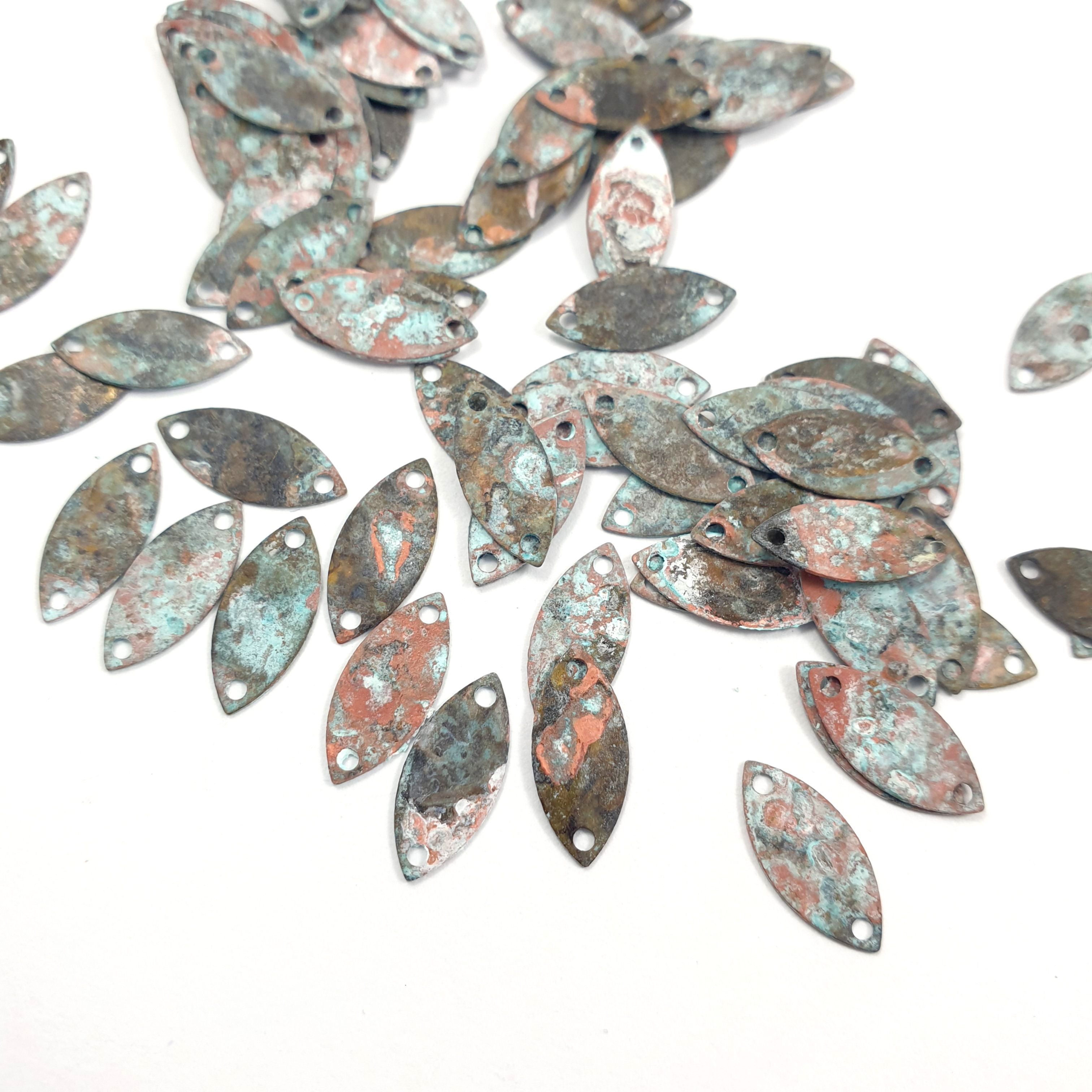 20ps Marquise small brass connector 2 holes Blue black rustic patina 930B