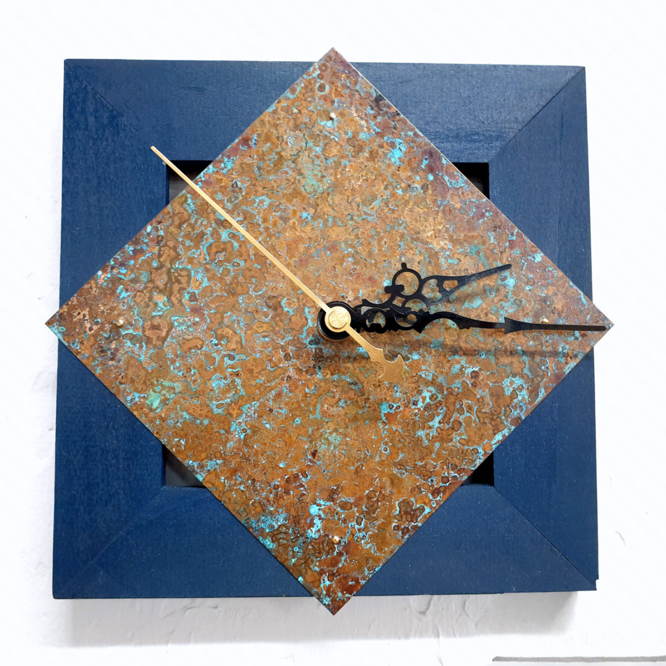 Handmade clock Copper vintage color wall clock 7.8" Turquoise rustic patina