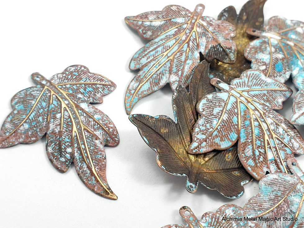 Thumbnail: 6pcs Lange leaf pendants 1 hole Organic patina Turquoise vintage color 826A