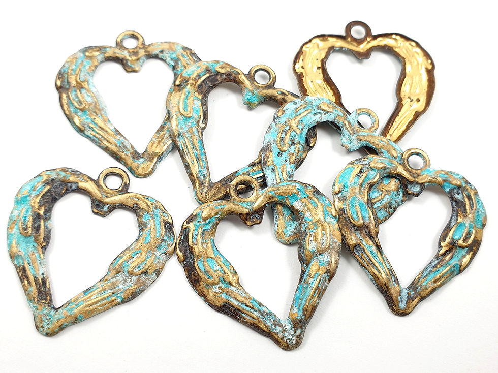 Thumbnail: 8ps Large heart charm Brass blue blank 1 hole Blue rustic patina 893