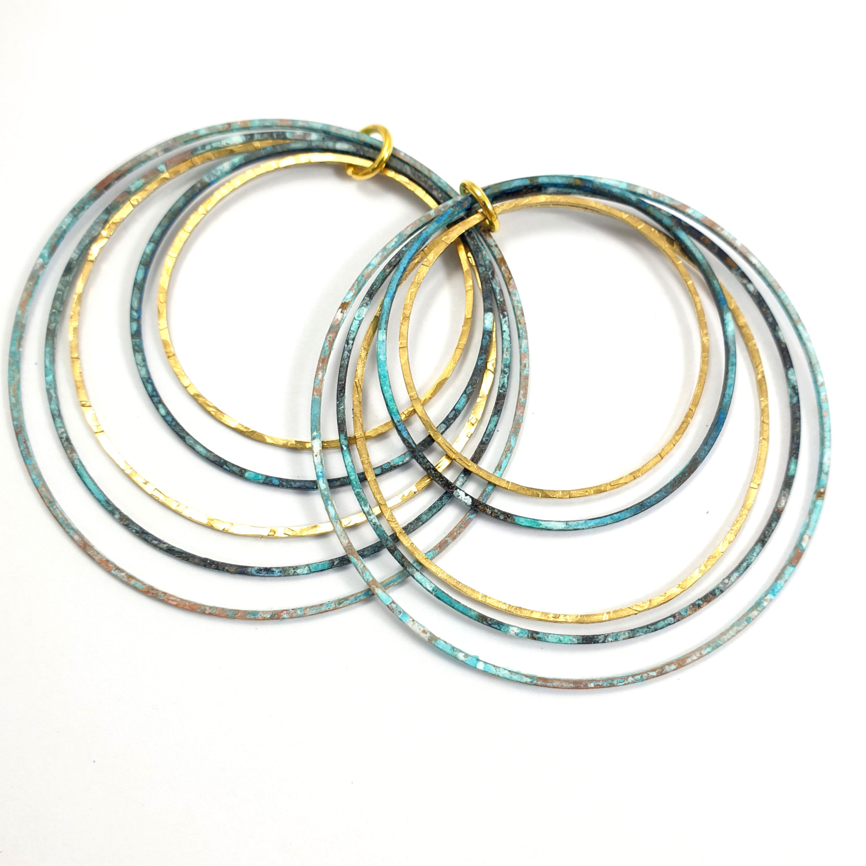 1 pair Large wire earrings 2" statement 5 large brass rings Vintage patina 880A