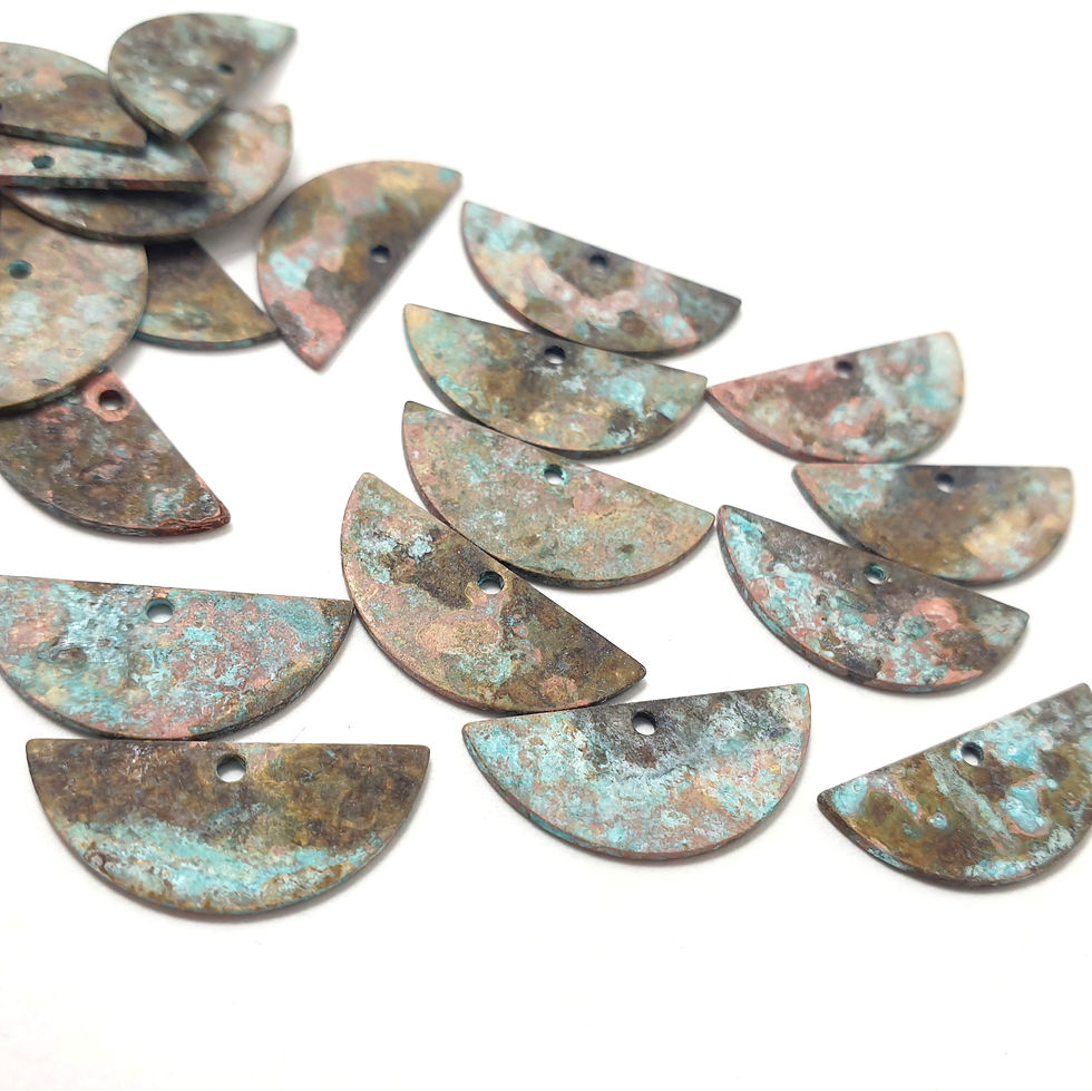 Thumbnail: 20ps Brass semi circle textured bead 1 hole Blue green organic patina 929