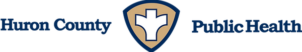 Logo of Huron County Public Health . Blue lettering, shield with tan, white, and blue colors.