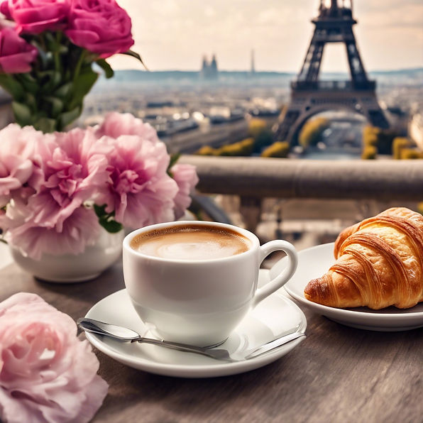 coffee cup with croissant on a table, with flowers and a eiffel tower in the background.jp