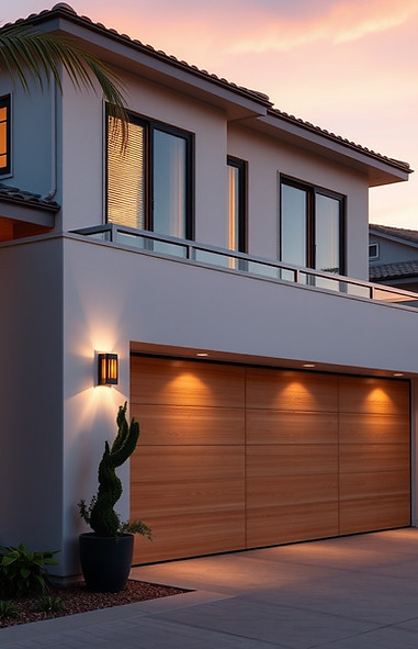 beautiful modern contemporary Newport Beach home at an angle at sunset with porch lights o