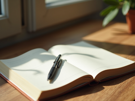 An open journal with a mostly blank page and a pen resting on it in soft window light, ready for the first line of writing