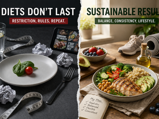 Comparison of restrictive dieting versus sustainable weight loss showing balanced nutrition and lifestyle habits for long-term fitness results.