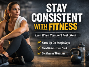 Woman resting after a workout in a gym with motivational text about staying consistent with fitness and building lasting habits.