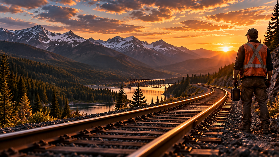 Railroad worker beside tracks through a mountain landscape at sunset