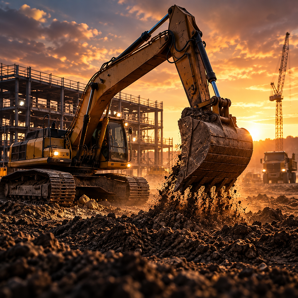 Excavator working on a construction site at sunset