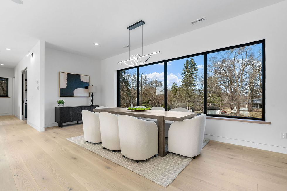 Dining room with black-frame picture window