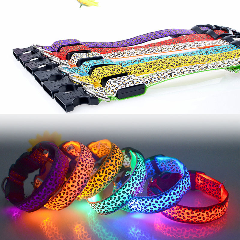 Thumbnail: Leopard Nylon Pet Dog Collar For Small Dogs Cat LED Light Night Safety Adjustabl