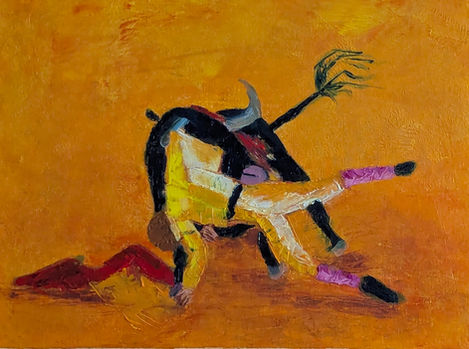 Six paintings depicting, from different angles, the dramatic moment when the bull seizes the torero with its horn and spins him through the air in a whirling motion—a frozen heartbeat full of power, danger, and untamed elegance.