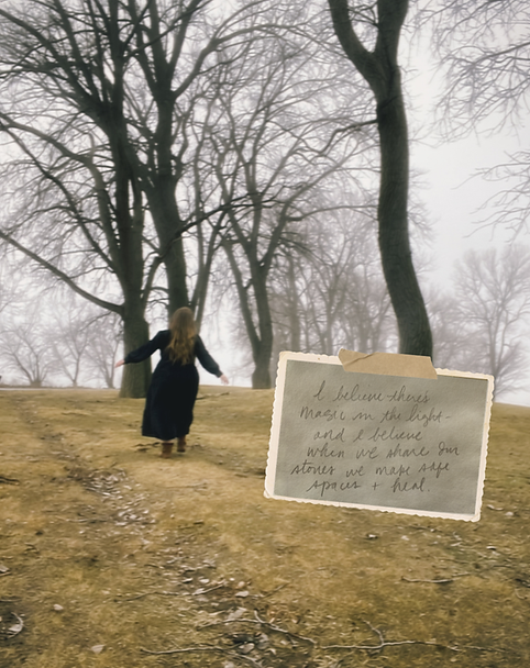 Sophia turned toward the trees in the back of image, arms wide, dancing, image of poetry writing is taped to image of her