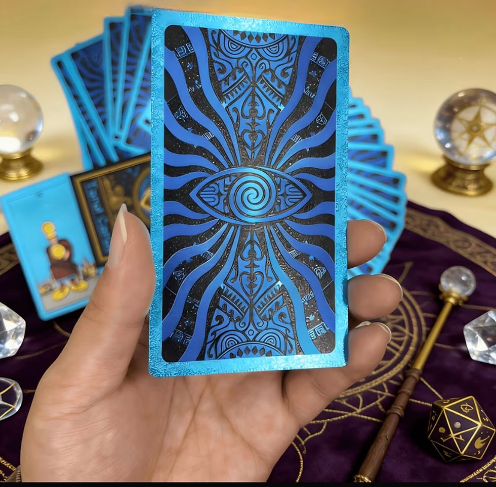 Thumbnail: Hand holding a Mystic Blue Tarot card with an medusa eye design