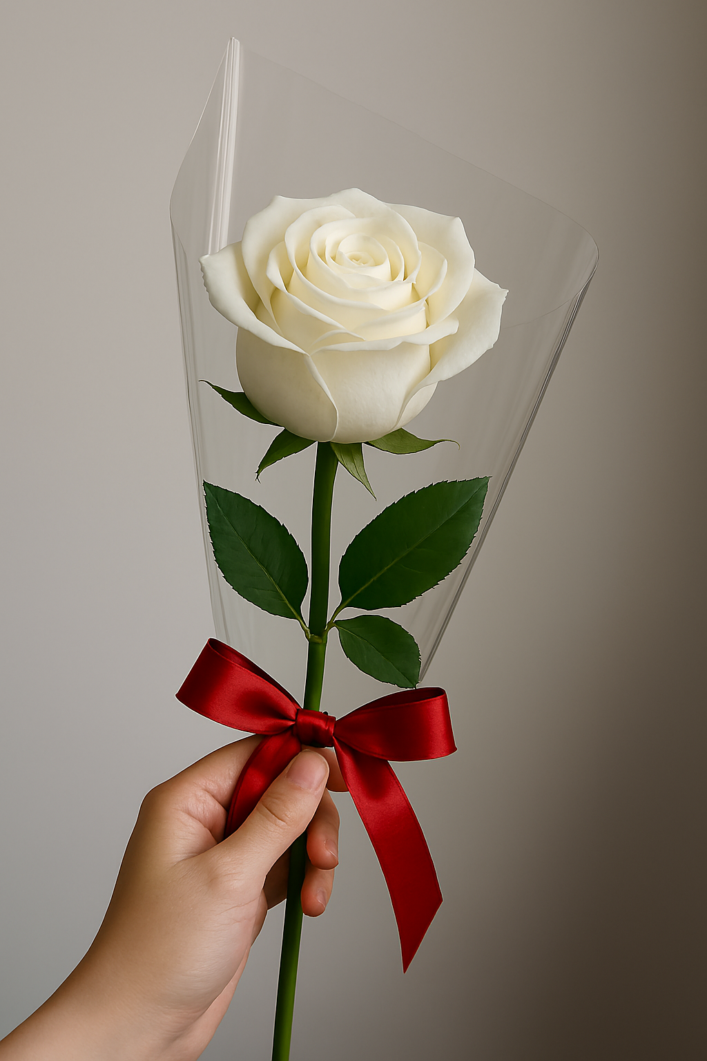 Hand holding a single white rose with red ribbon, wrapped in clear cellophane. South Calgary Floral Delivery.
