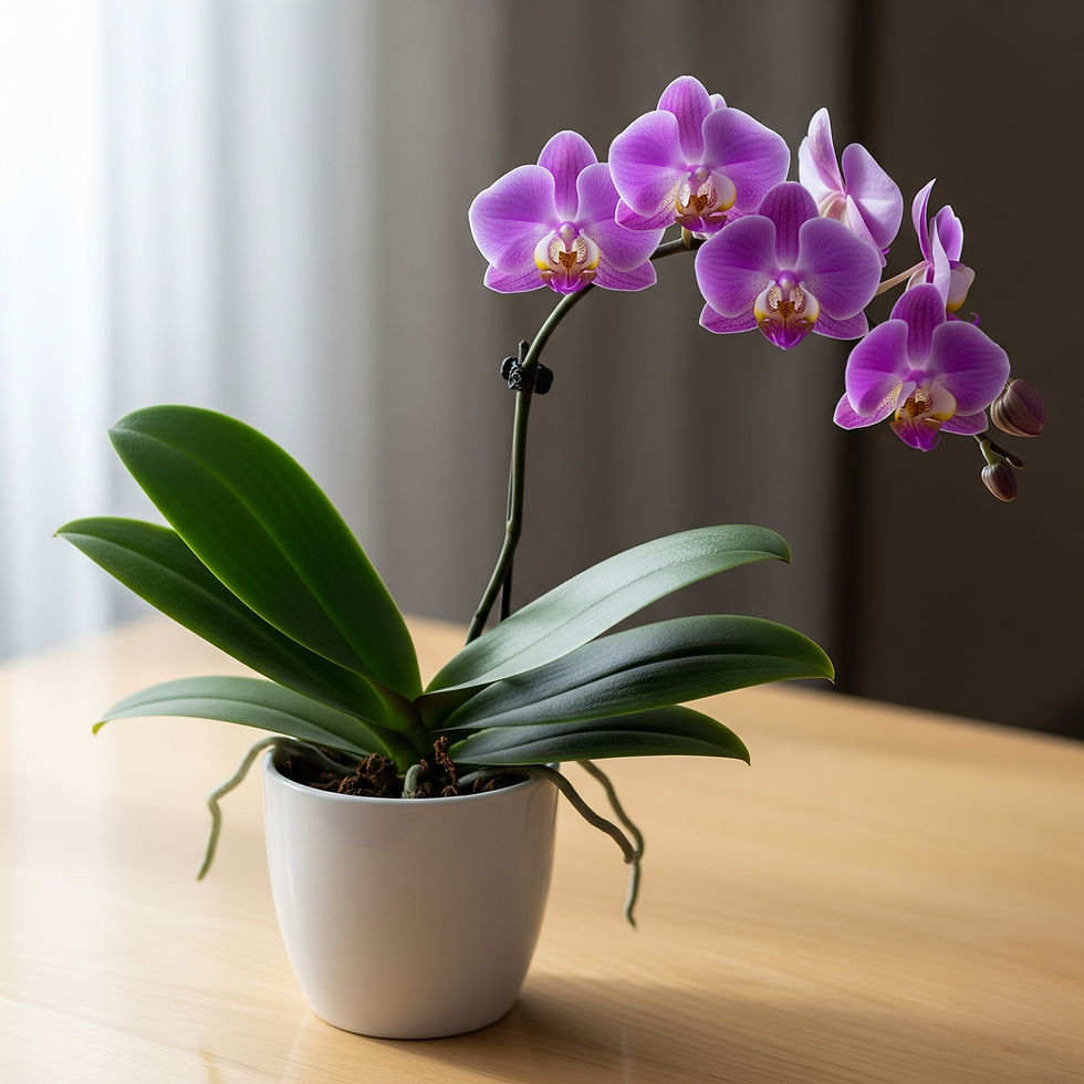 Purple orchid plant in white pot. Timeless Orchid from Floral Haven YYC. Calgary Flowers Delivery.